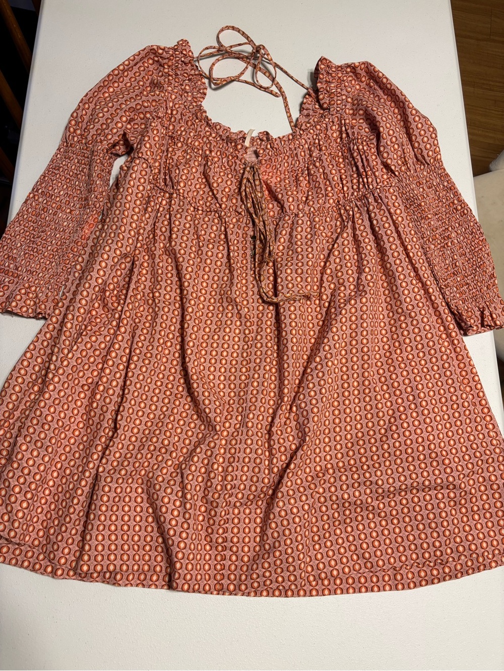 Free People Rust Orange Printed Smocked Mini Dress